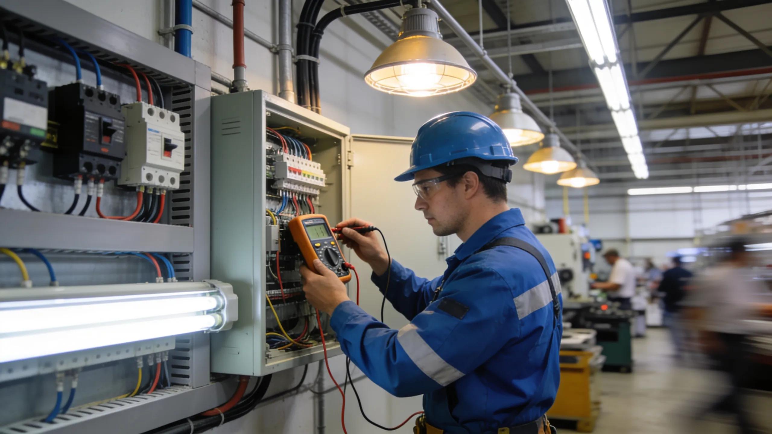 Electrician evaluating a commercial electrical system during an inspection