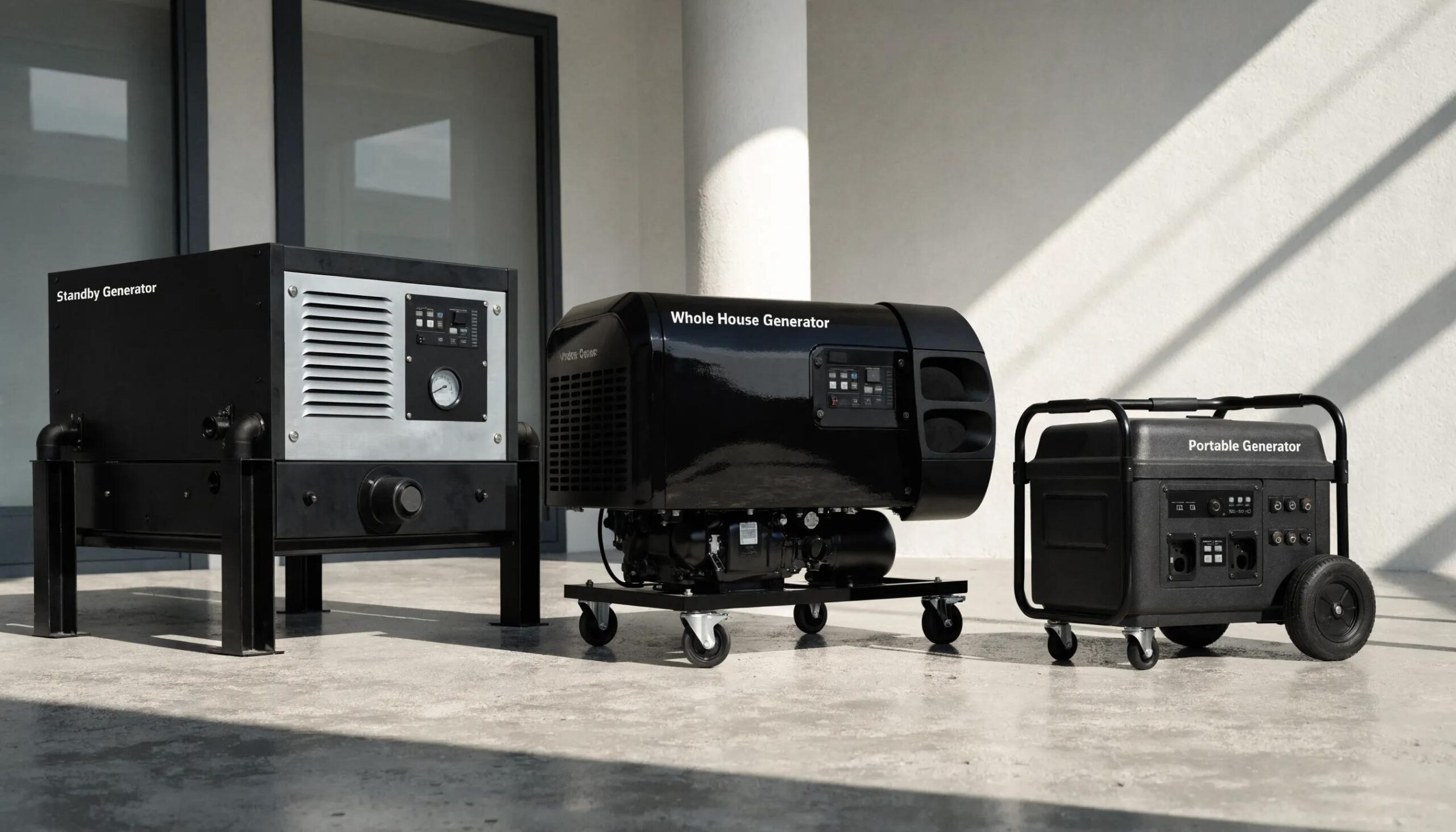 Diverse types of generators displayed for comparison, highlighting standby, whole house, and portable options