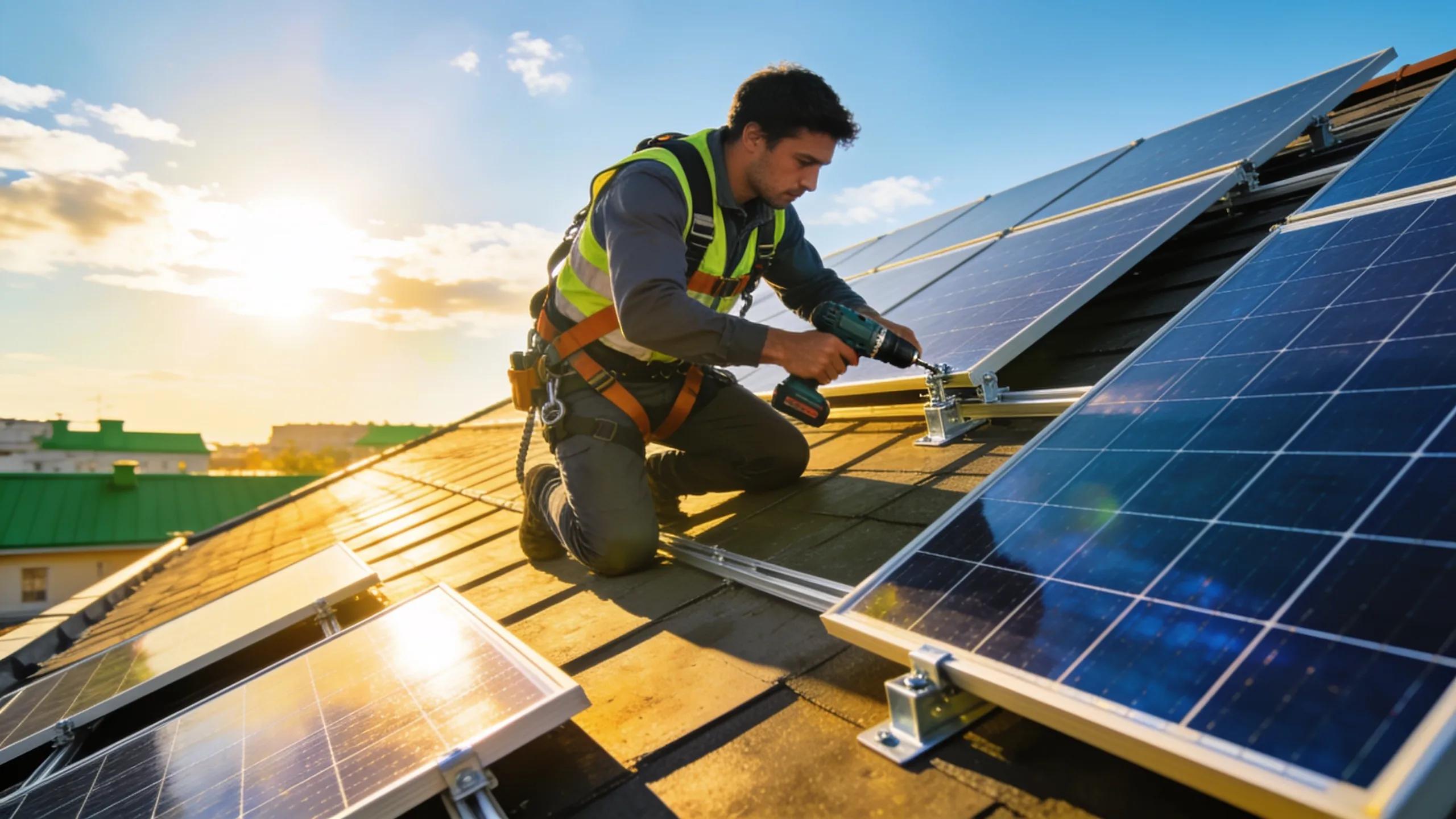 Technician installing solar panels on a residential rooftop, illustrating the benefits of renewable energy solutions