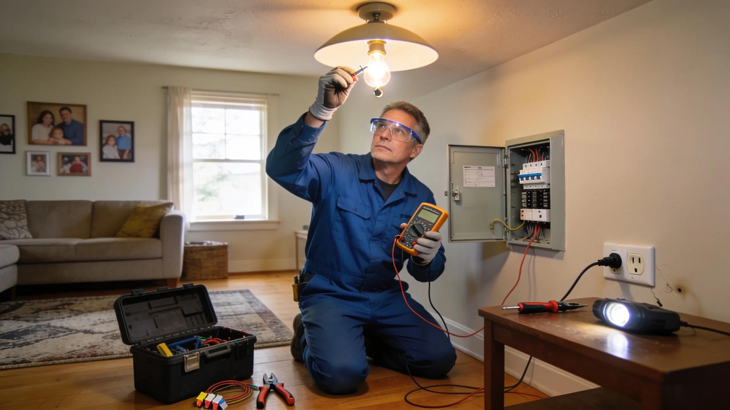 Electrician diagnosing common electrical issues like flickering lights and tripped breakers in a residential environment