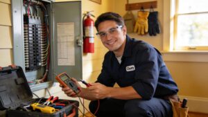 Local electrician demonstrating emergency electrical services in a residential setting