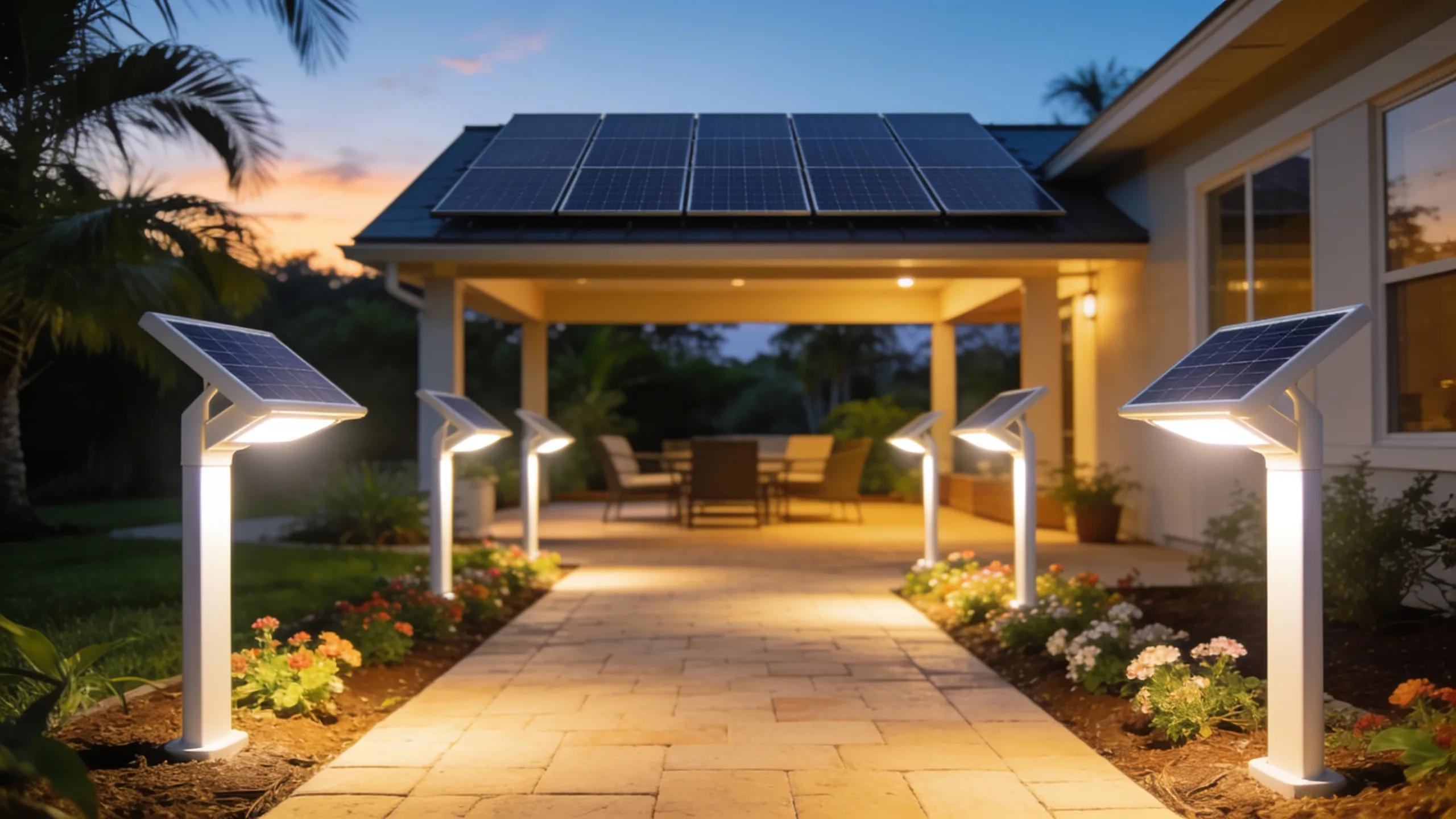 Outdoor solar-integrated lighting illuminating a commercial garden space, showcasing energy efficiency in Jacksonville