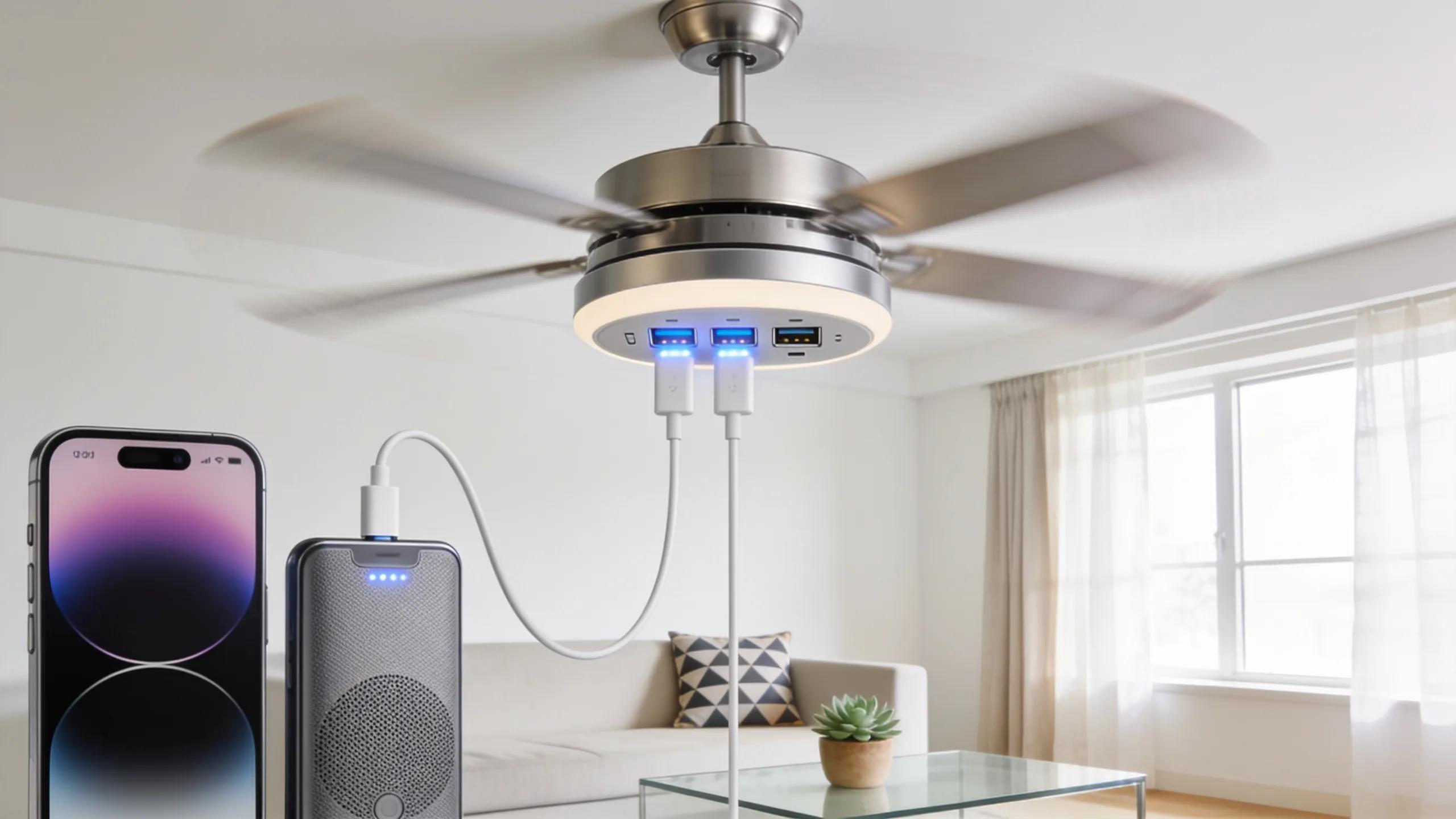 Modern ceiling fan with USB charging ports in a well-arranged room illustrating convenience and innovation