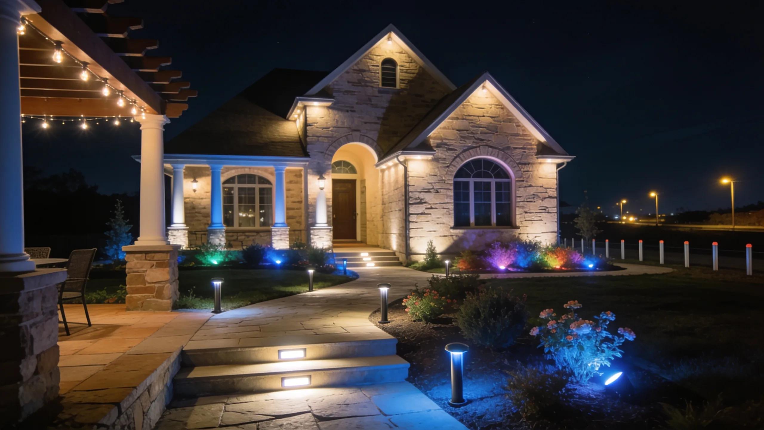 Home exterior with LED landscape lighting showing enhanced safety and aesthetics at night