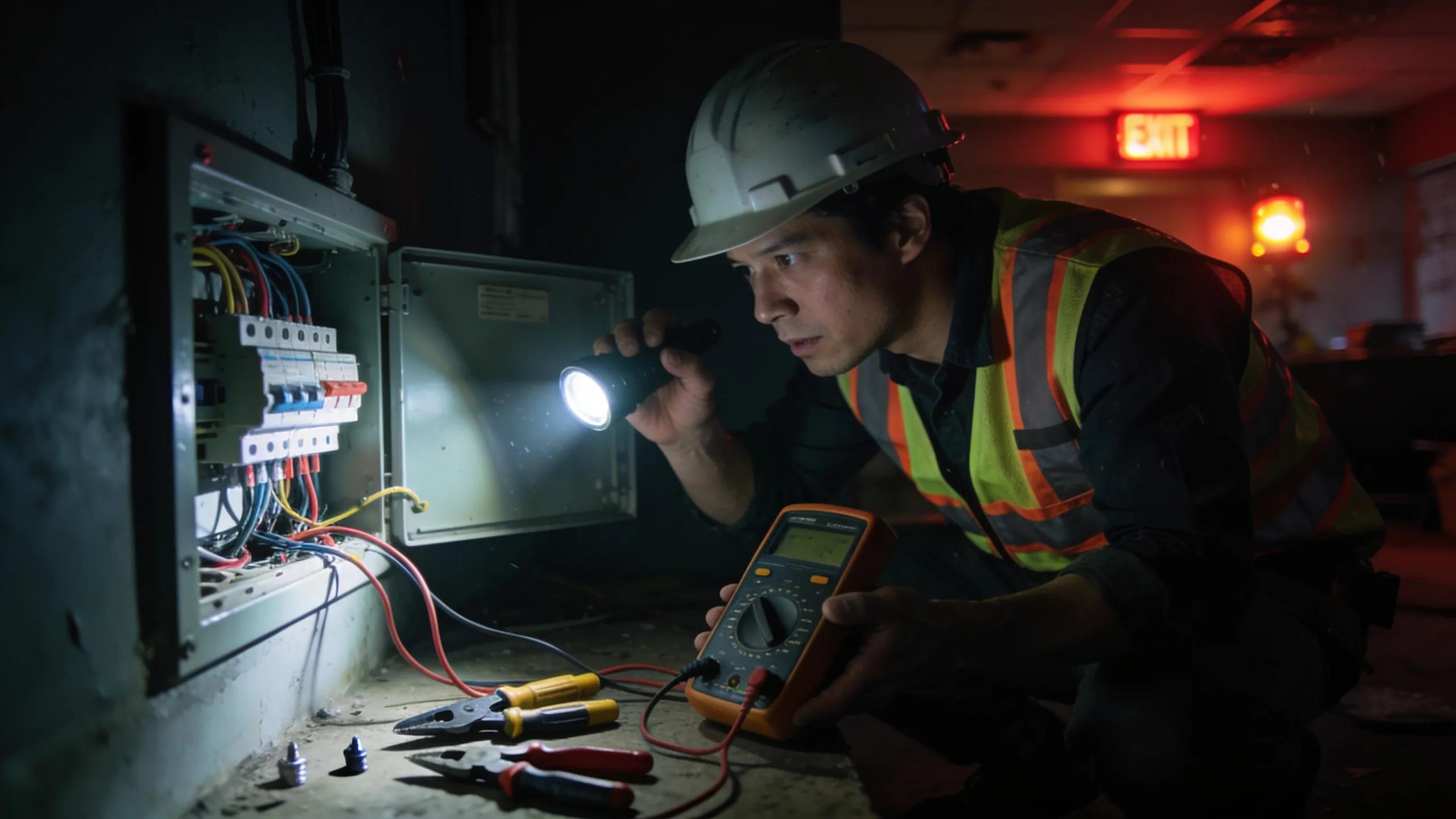 Electrician performing emergency repairs during a power outage, emphasizing safety and swift response
