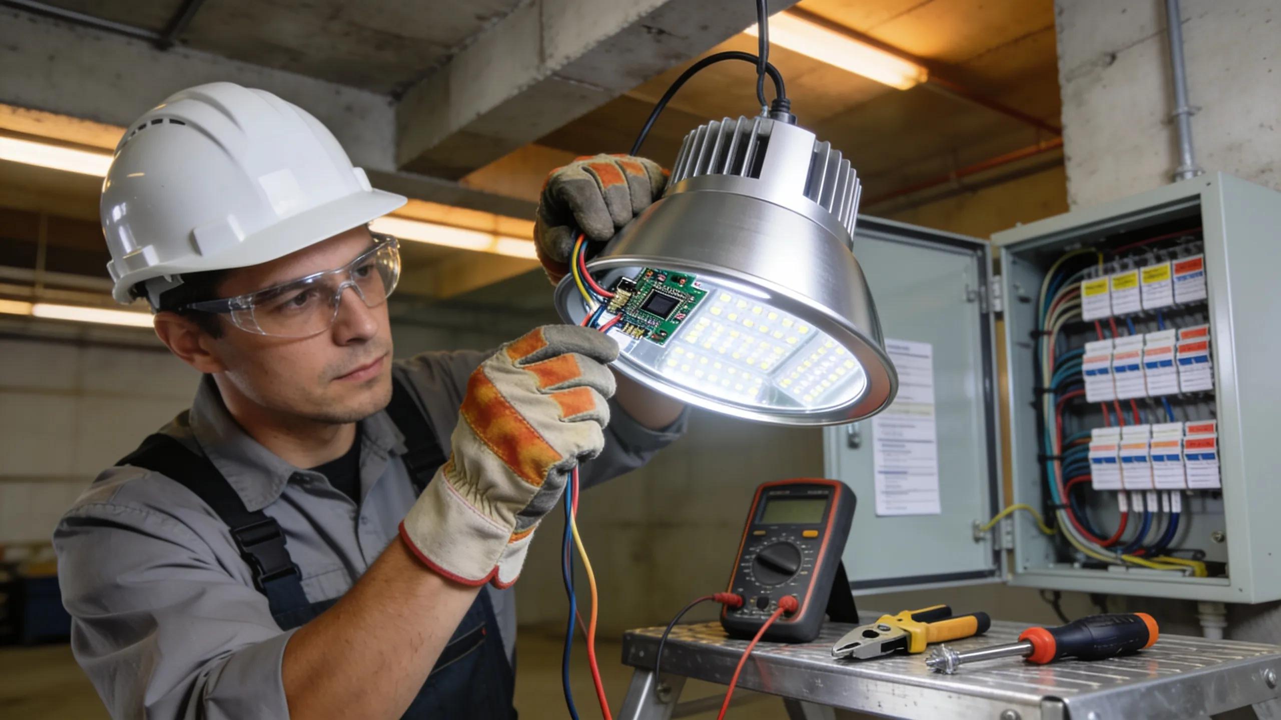 Electrician installing energy-efficient LED lighting fixture emphasizing safety and efficiency