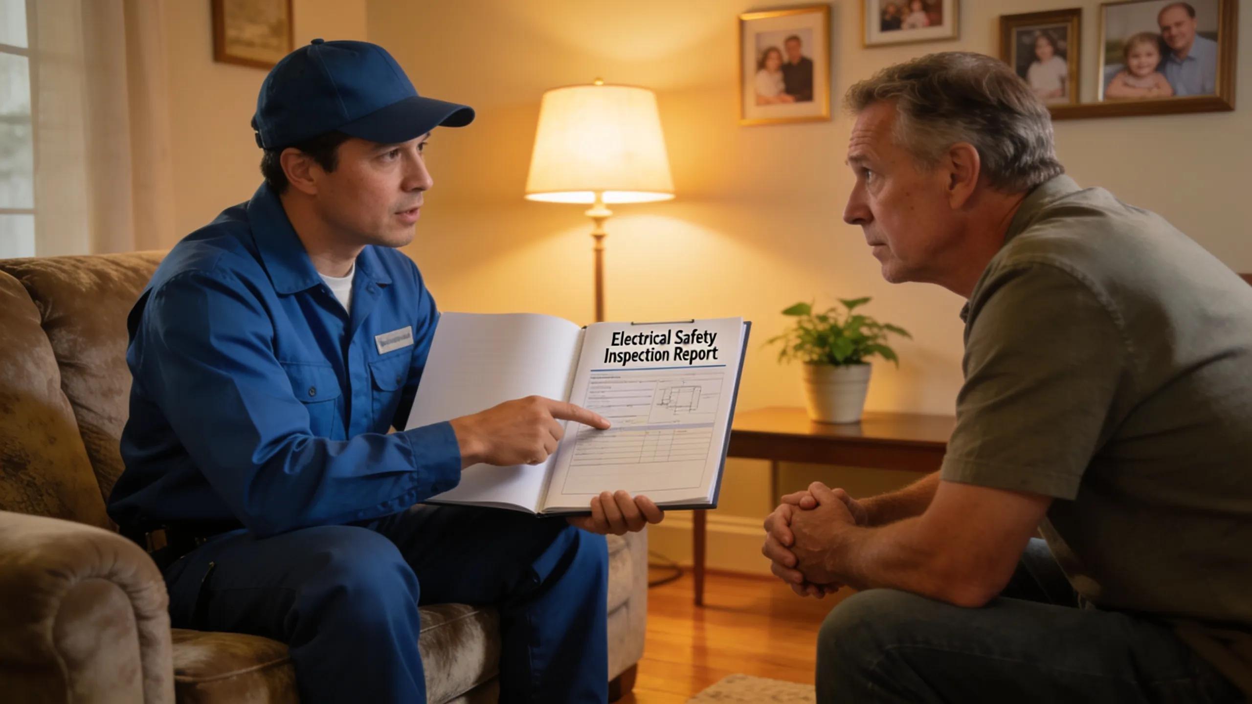 Licensed electrician explaining safety inspection findings to a homeowner