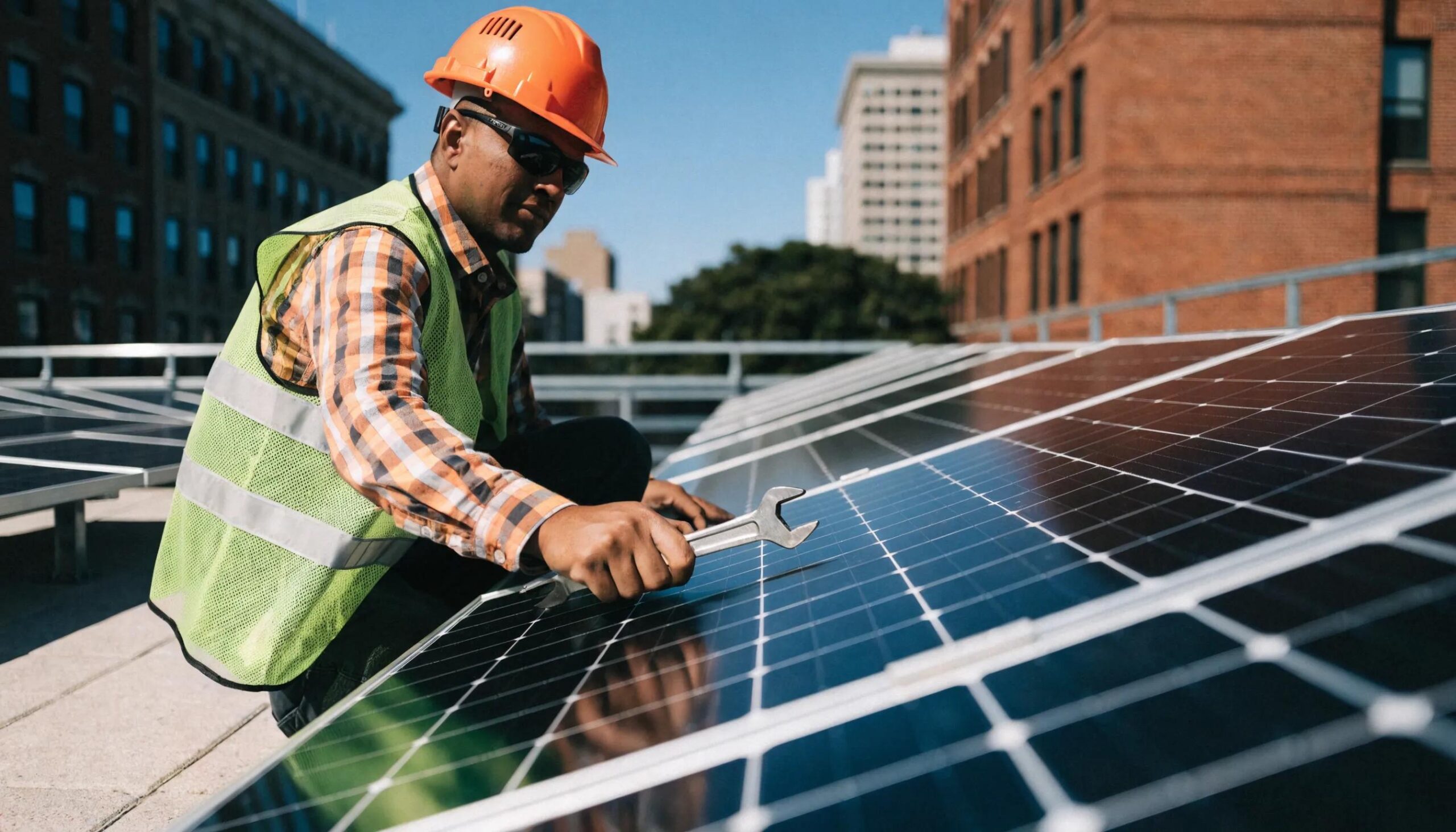 Technician installing solar panels on a rooftop in Jacksonville