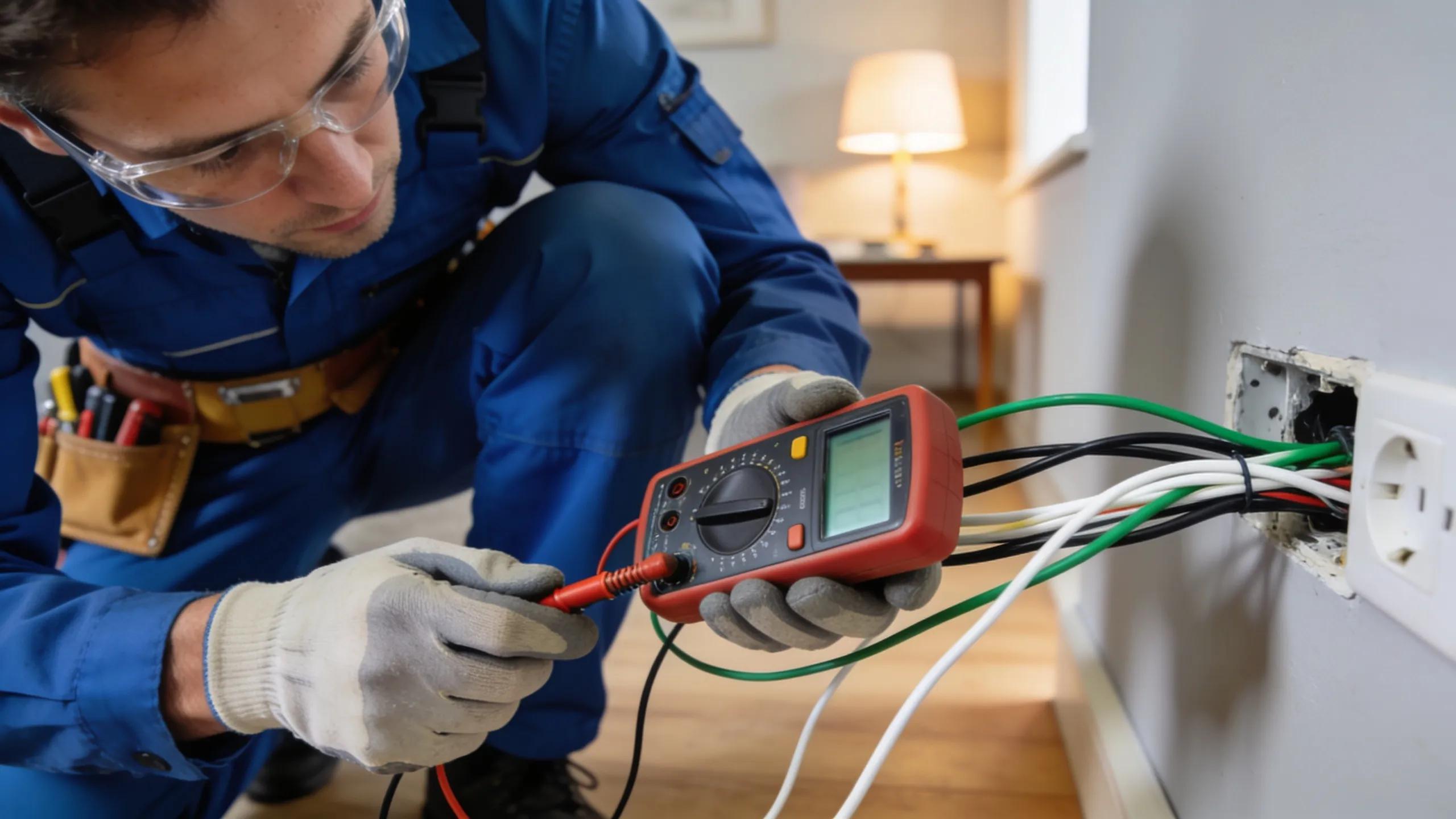 Electrician checking wiring with a multimeter during a residential electrical inspection