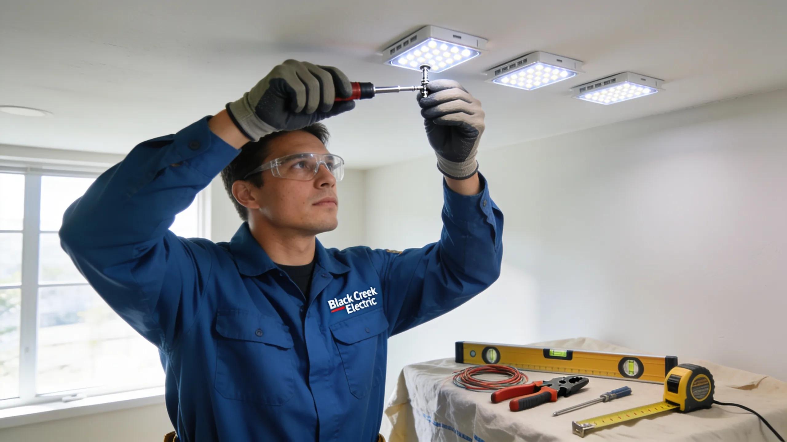 Technician from Black Creek Electric expertly installing smart lighting fixtures in a modern home