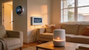 Home automation devices in a modern living room, highlighting smart technology integration