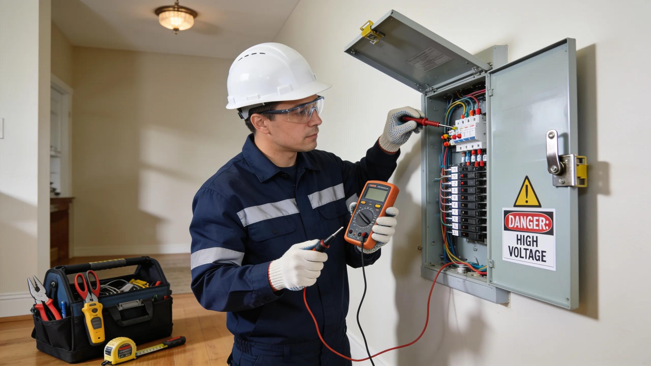 Electrician conducting preventative maintenance check on electrical systems in a home setting