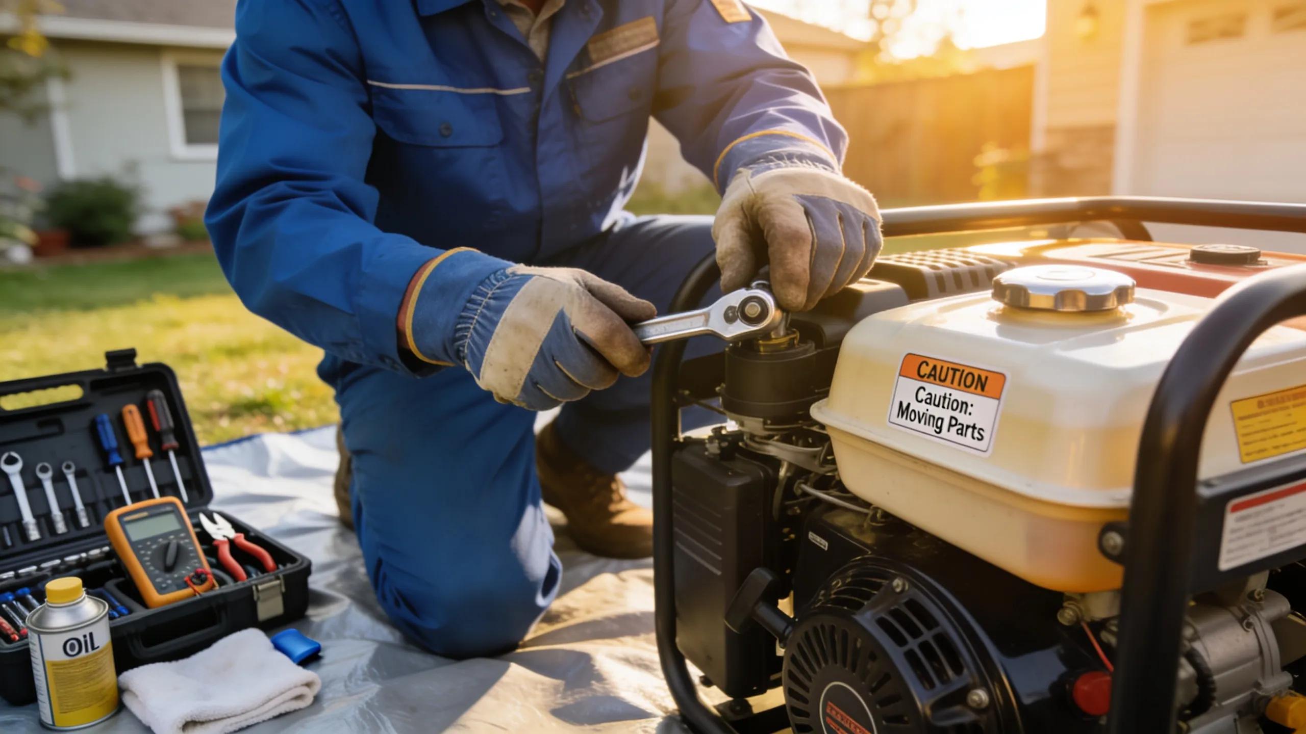 Technician performing maintenance on a residential generator, showcasing professionalism and care