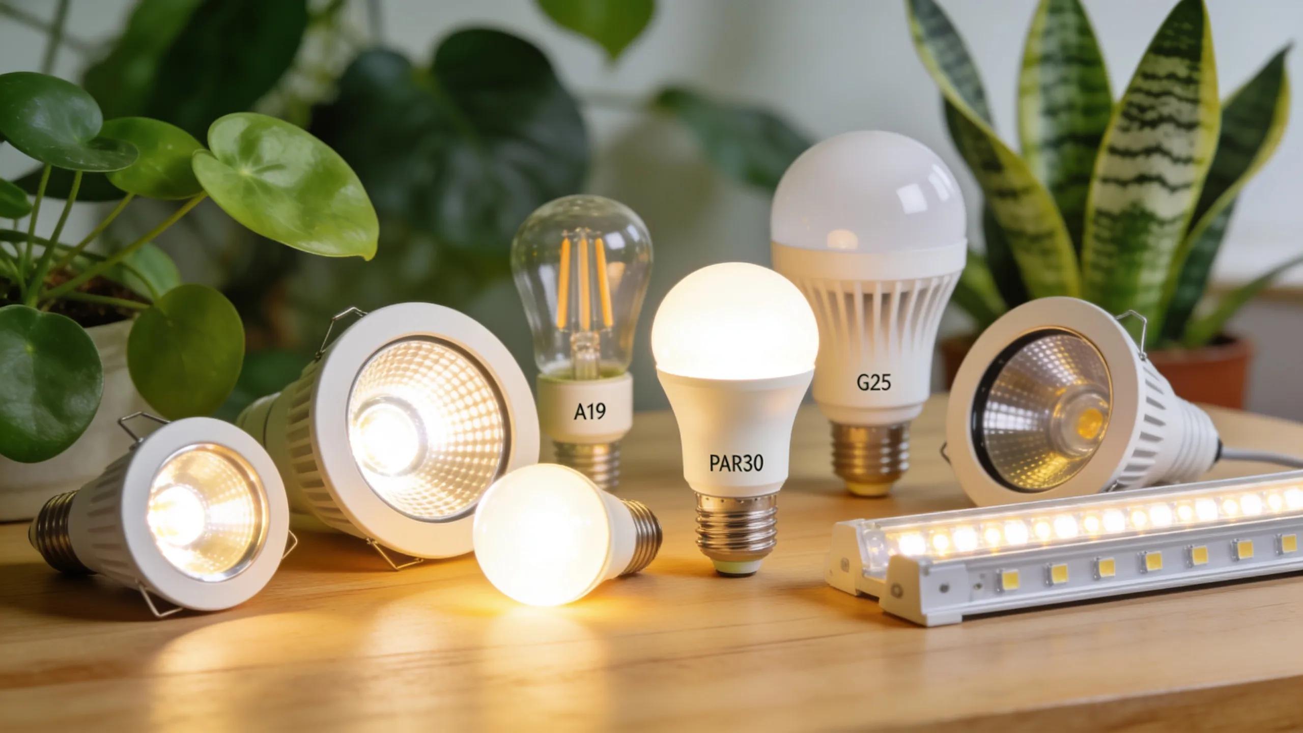 Variety of LED light bulbs showcasing energy-efficient options in a sustainable setting