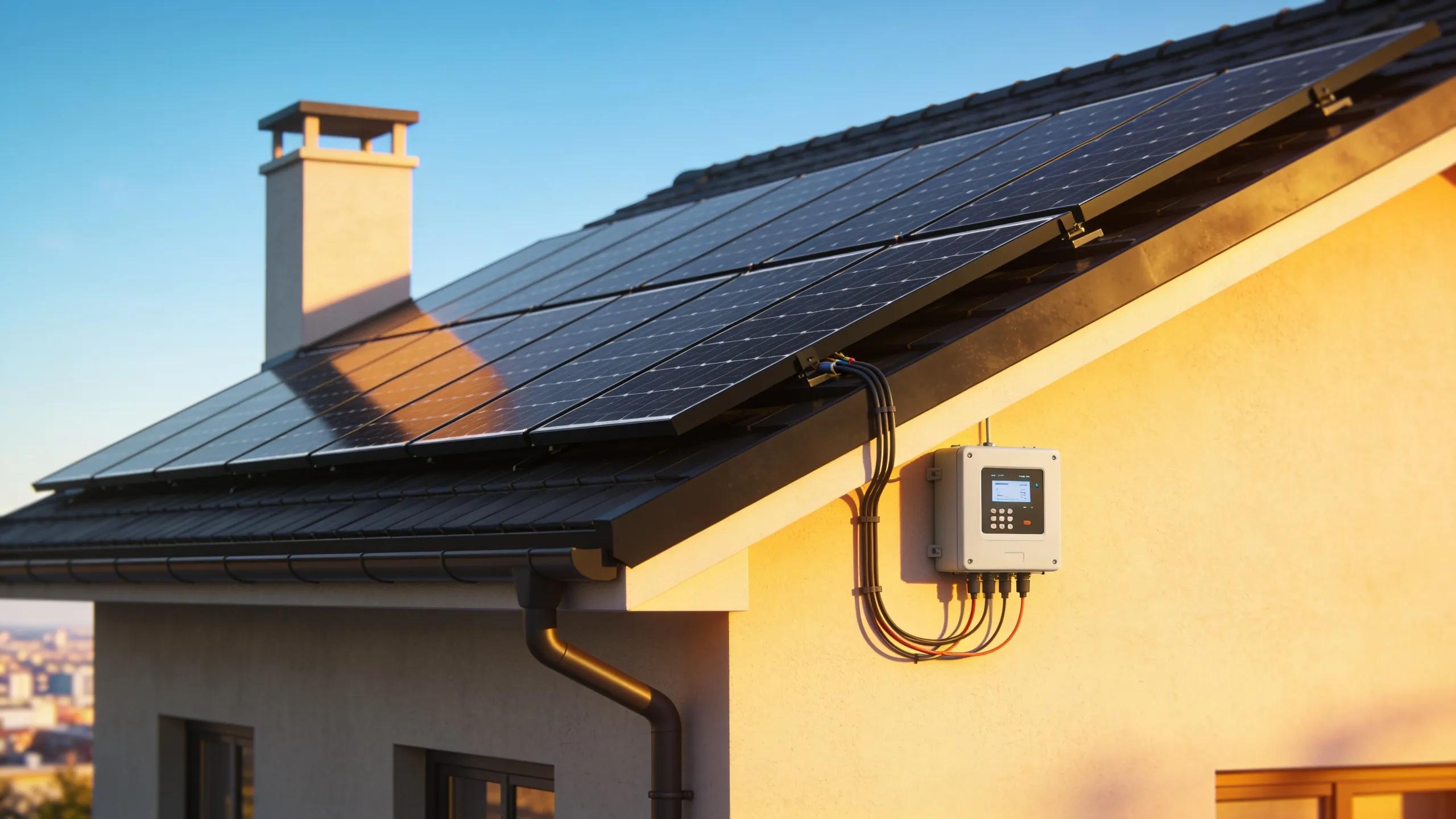 Rooftop solar panels installed on a house, illustrating energy efficiency in home automation