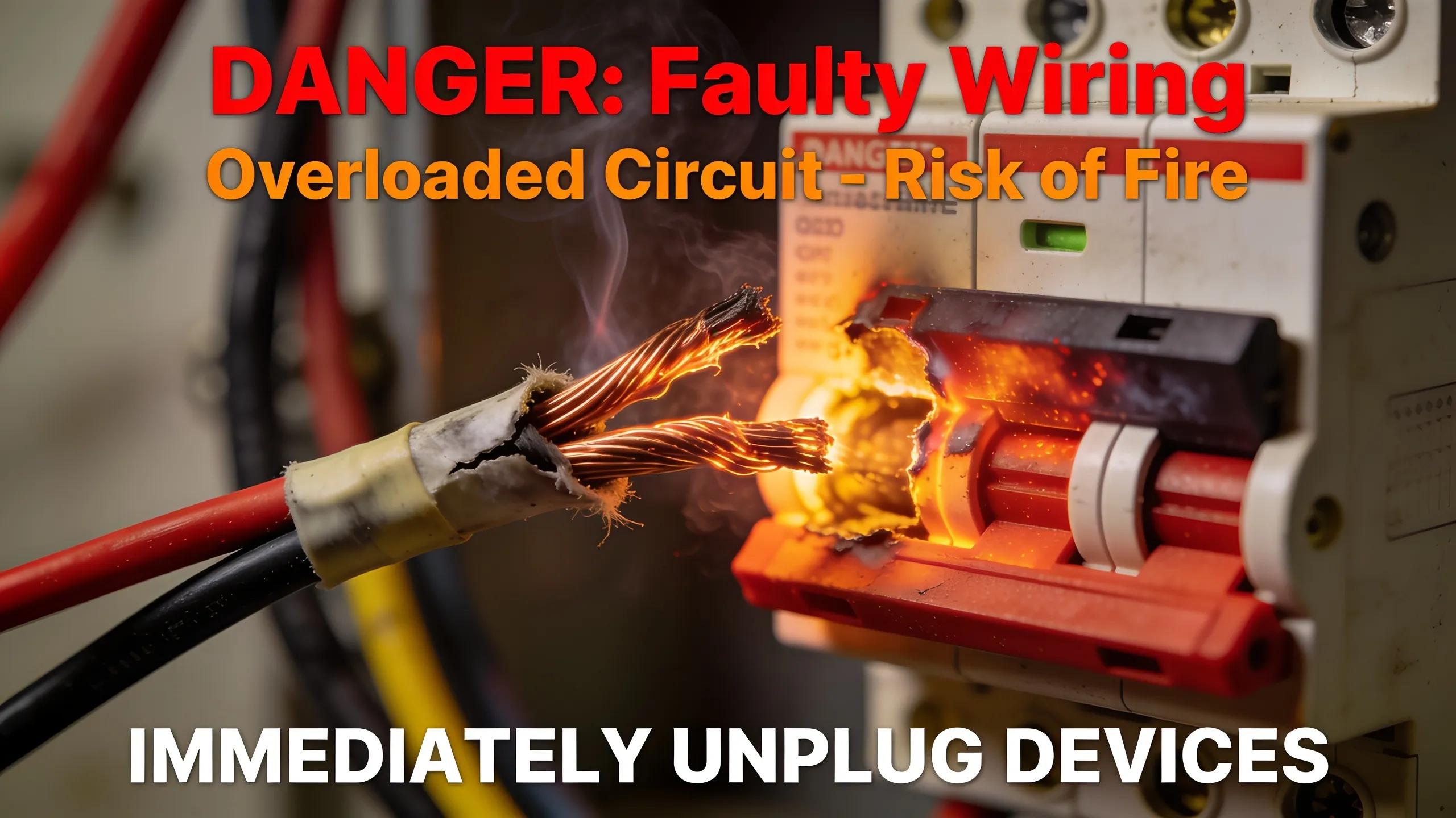 Close-up of faulty wiring and overloaded circuits highlighting electrical hazards