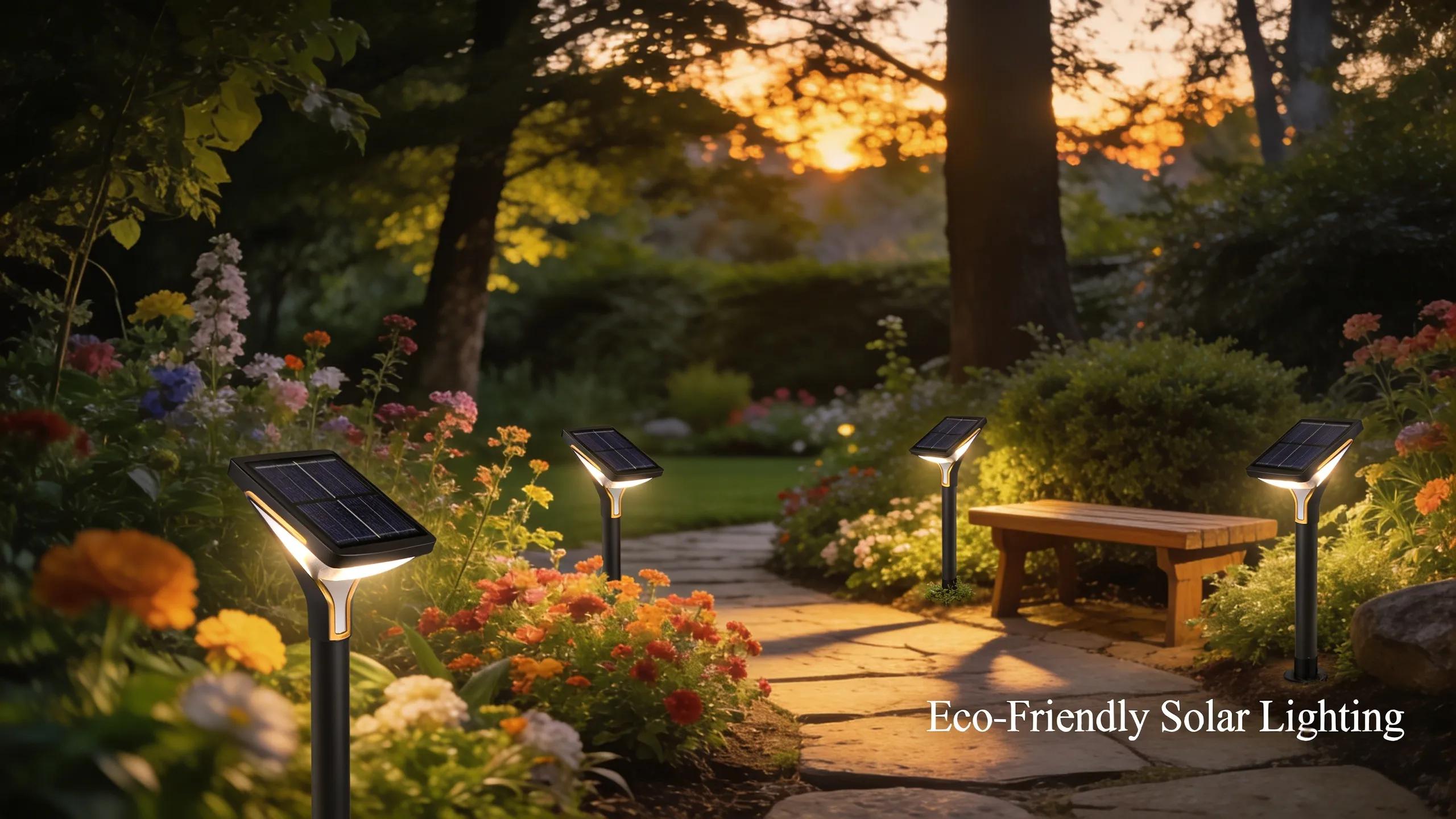 Garden scene featuring solar-powered landscape lighting demonstrating cost savings and environmental benefits