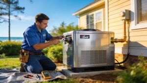 Natural gas generator installation in a coastal Virginia home, symbolizing reliable emergency power solutions