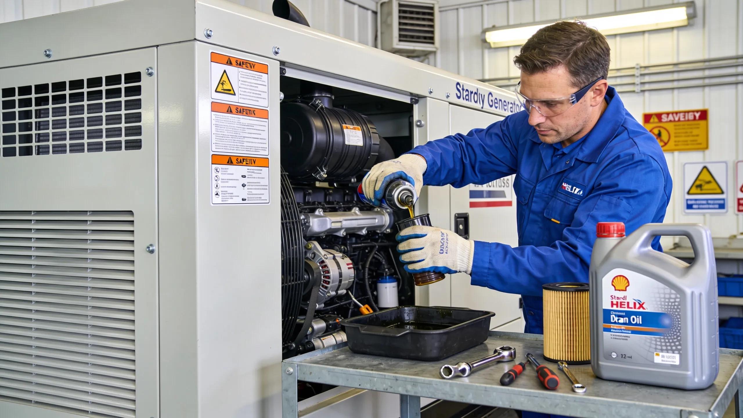 Technician performing routine maintenance on a standby generator to ensure operational reliability in coastal Virginia