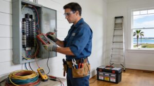 Professional electrician performing residential electrical services in a safe coastal Virginia home environment
