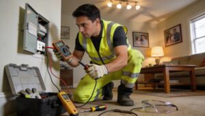 Emergency electrician examining electrical equipment in a residential setting