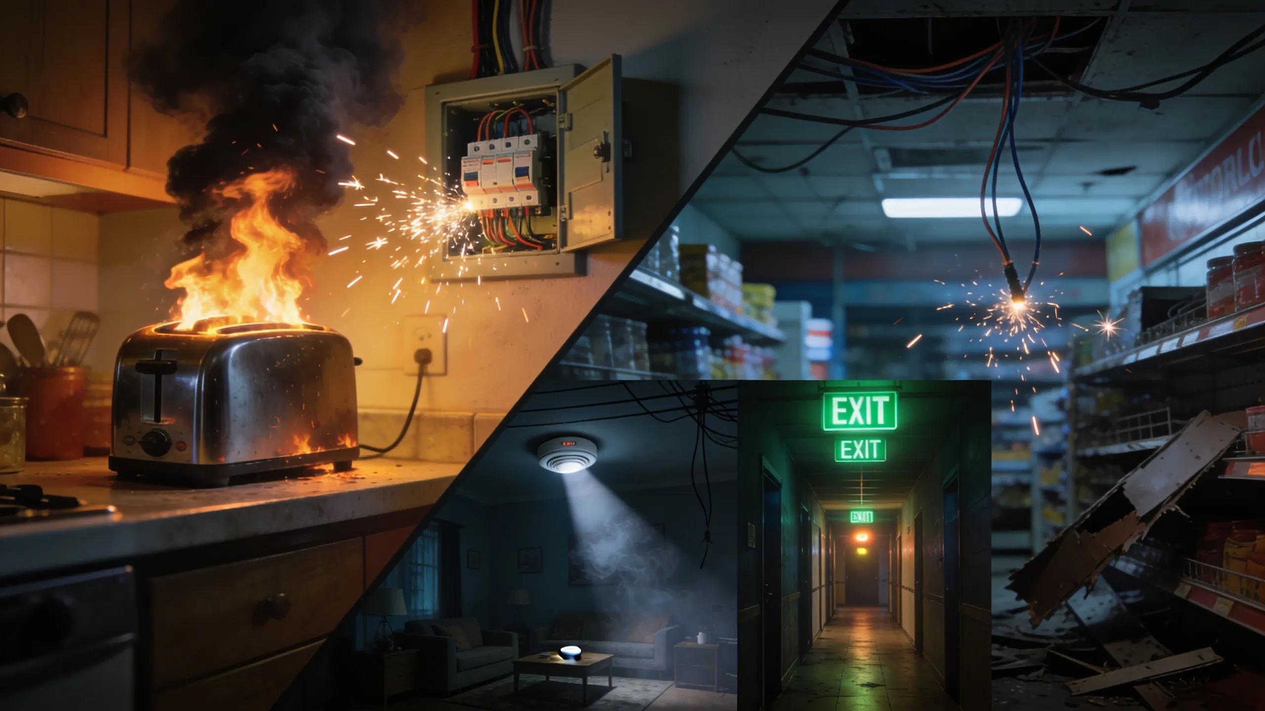 Depiction of electrical emergency scenarios in residential and commercial environments